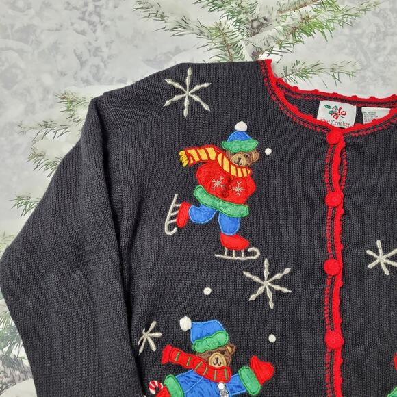 Vintage NutCracker Ice Skating Bears Embellished Black Cardigan size Medium - Picture 3 of 9